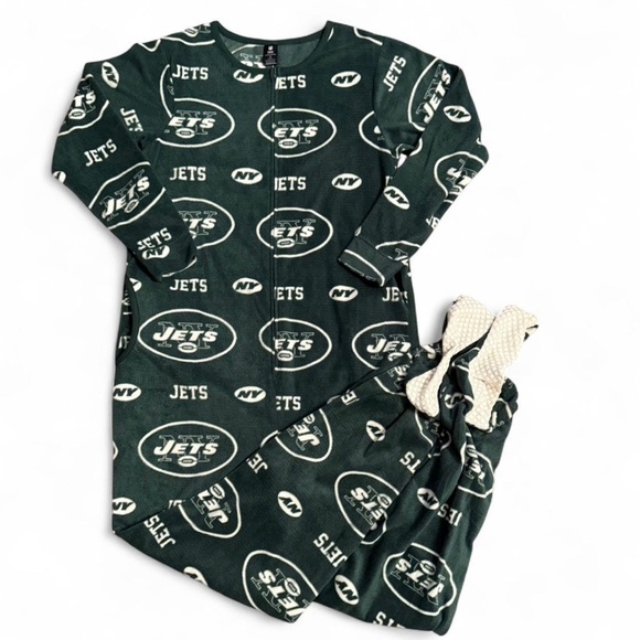 NFL New York Jets One Piece, Zip Up, Footie Pajamas With pockets. Adult Small - Picture 1 of 7